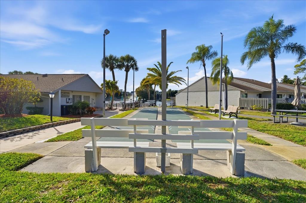 2666 Pine Ridge Way North, Unit C2 Palm Harbor, FL 34684 - Photo 58 of 74 a view of a swimming pool with a bench and palm trees