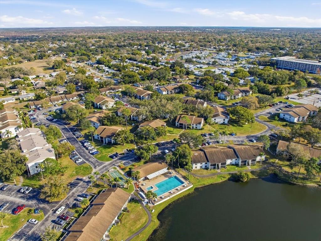 2666 Pine Ridge Way North, Unit C2 Palm Harbor, FL 34684 - Photo 67 of 74 an aerial view of residential houses with outdoor space and trees