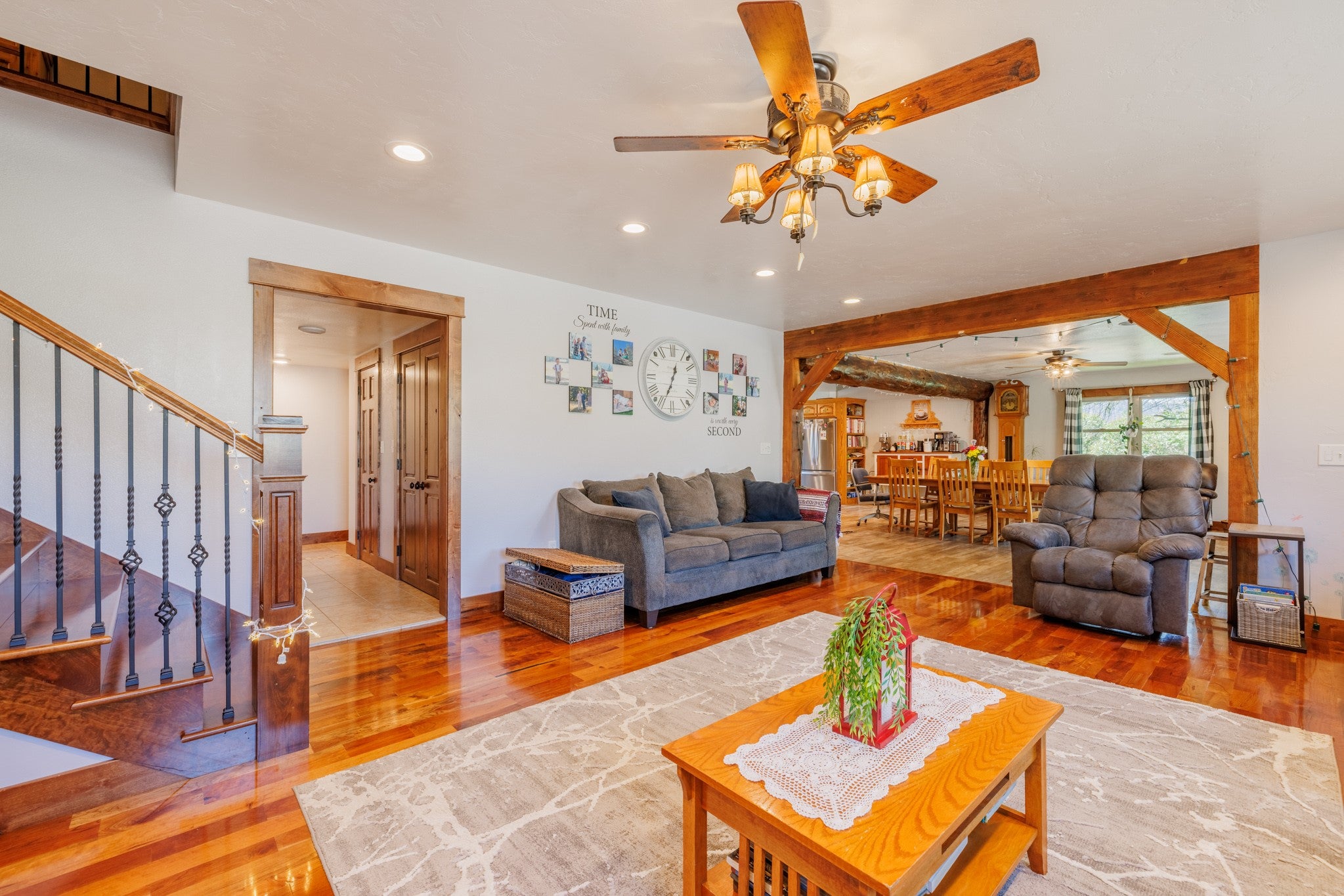 58 Gilman Road Garrison, MT 59731 - Photo 38 of 91 Living room with a ceiling fan, stairway, hardwood / wood-style floors, and recessed lighting