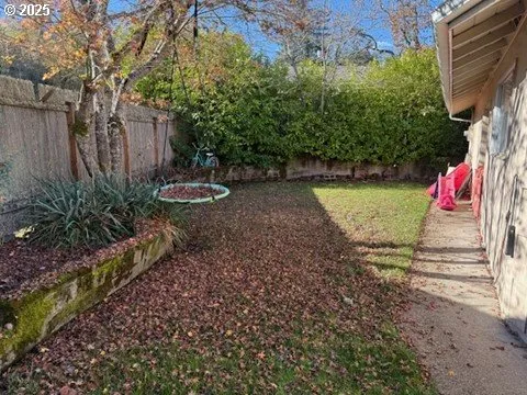 a view of a park with large trees