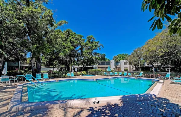 a view of a swimming pool with a bench and trees around