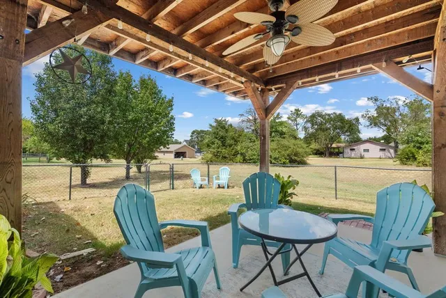 a view of a chairs and table in patio