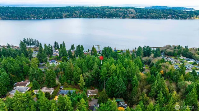 a view of a lake with a yard and large trees