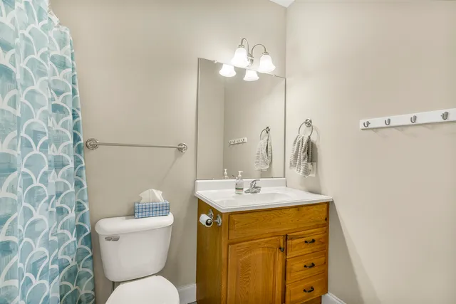a bathroom with a sink a toilet a mirror and shower curtain