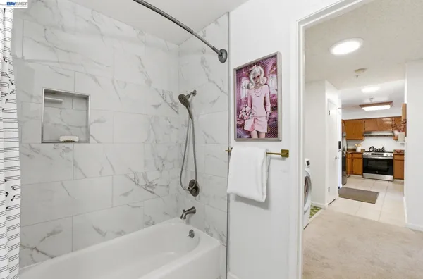 a bathroom with a bathtub and a shower