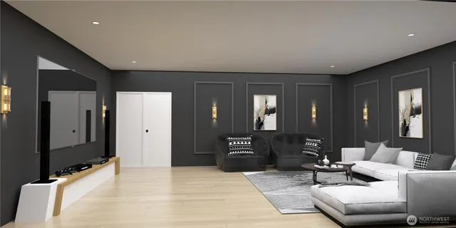 a living room with furniture window and lamp