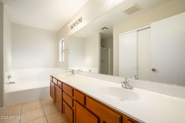 a bathroom with a sink double vanity granite tub shower and a mirror