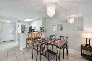 a view of a dining room with furniture