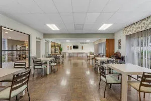 a view of a dining room with furniture