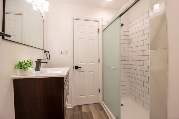 a bathroom with a sink a shower and a mirror