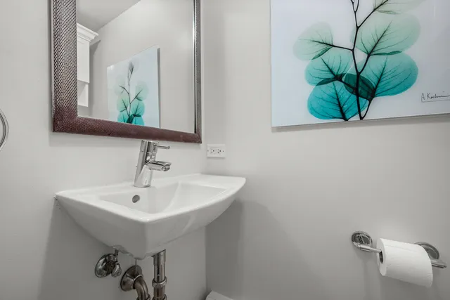 a bathroom with a sink a mirror and a potted plant