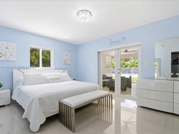 a bedroom with a large bed and a large window