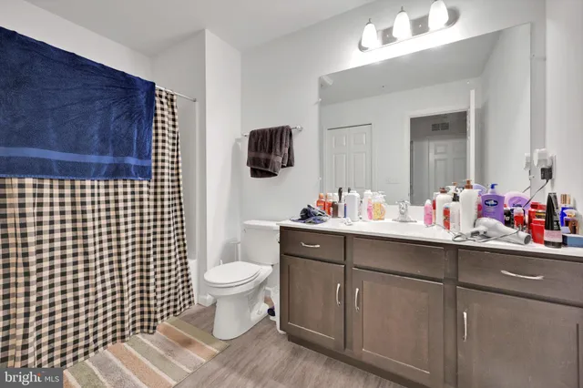 a bathroom with a sink mirror and toilet