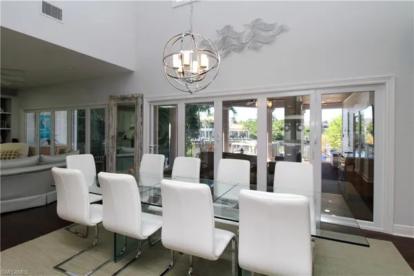 a view of a dining room with furniture large windows and wooden floor