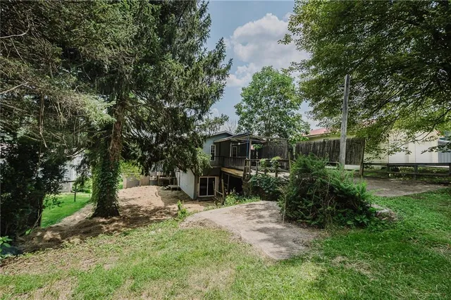 a view of a backyard with couches plants and large trees