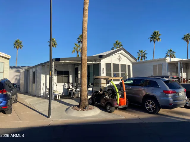 a view of a swimming pool with a garden and palm trees