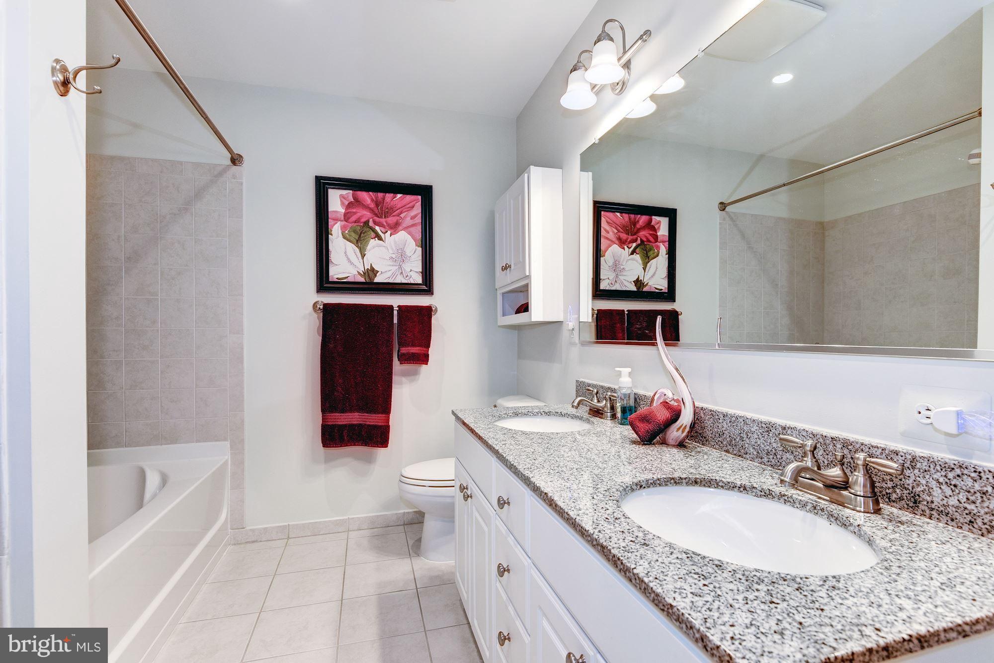 3600 South Glebe Road, Unit 918W Arlington, VA 22202 - Photo 16 of 30 a bathroom with a granite countertop double vanity sink a mirror and a bathtub