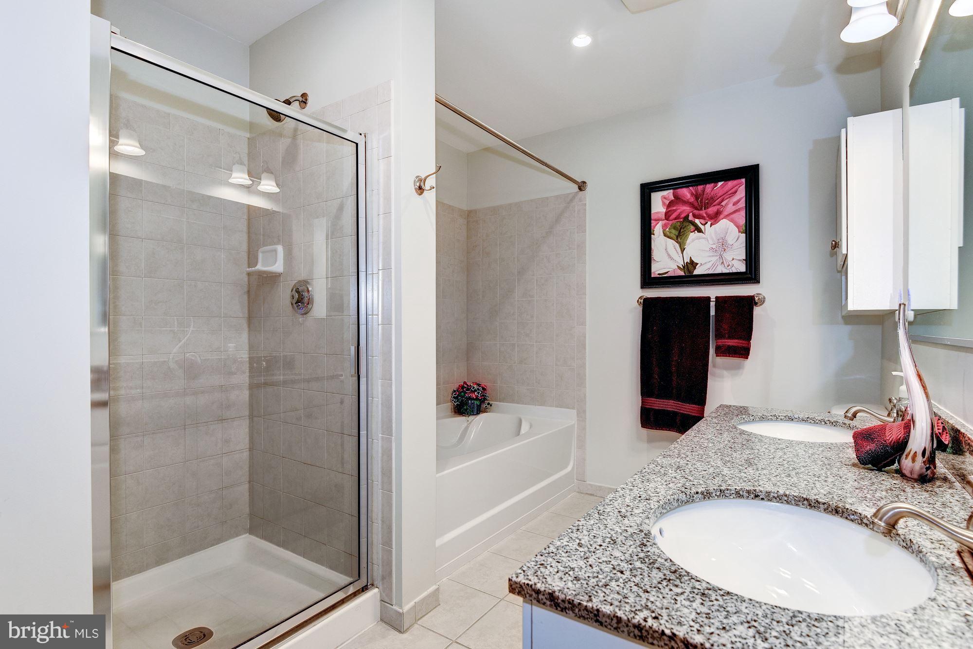 3600 South Glebe Road, Unit 918W Arlington, VA 22202 - Photo 17 of 30 a bathroom with a granite countertop tub shower and mirror