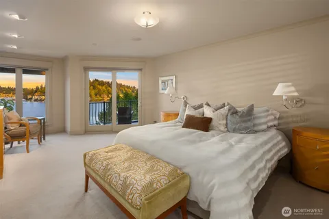 a spacious bedroom with a bed and large windows