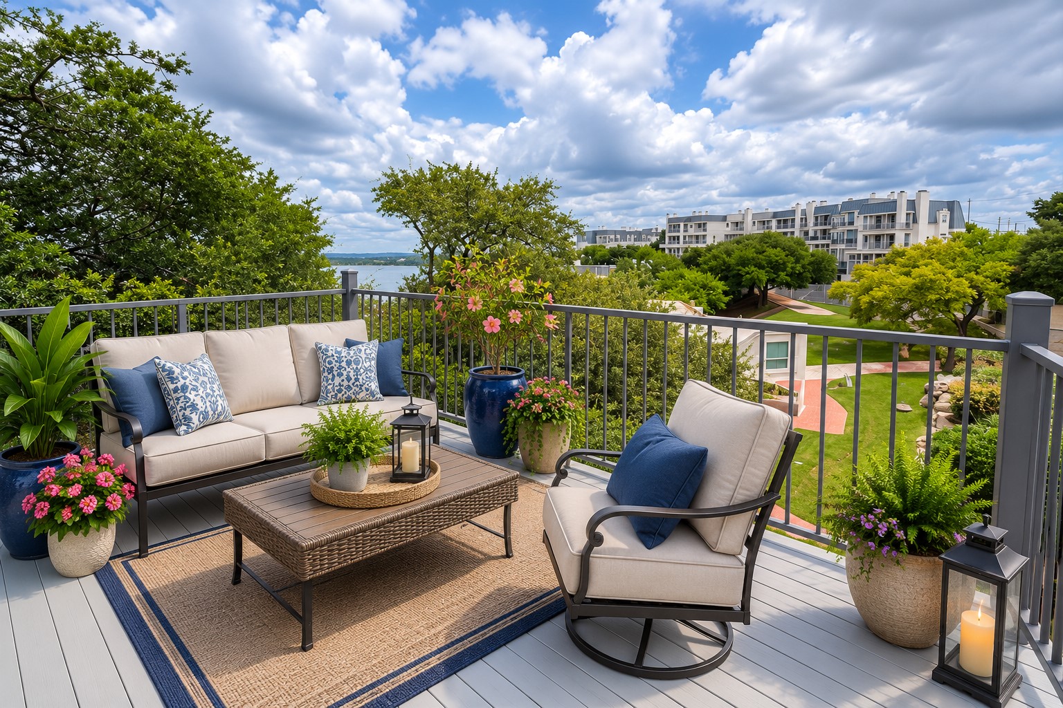 2918 Ranch Road 620 North, Unit C120 Austin, TX 78734 - Photo 19 of 34 Ai Virtual Staging: Patio off primary bedroom, offers an inviting outdoor terrace offers panoramic views of Lake Travis and surrounding green spaces.