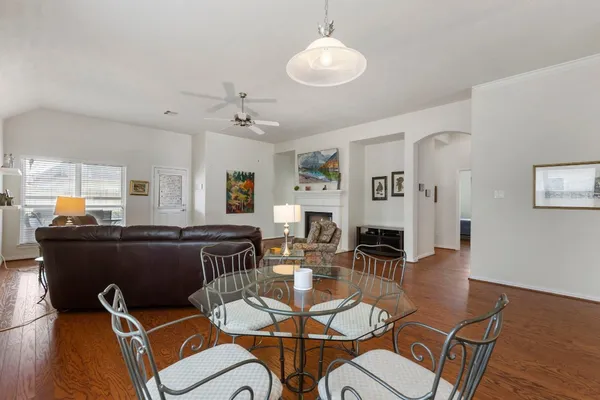 a view of a dining room with furniture