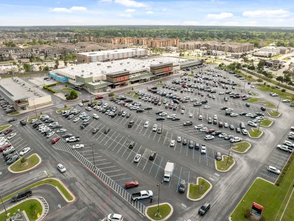 an aerial view of a city and patio