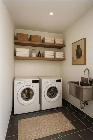a dining room with furniture and a lamp next to it