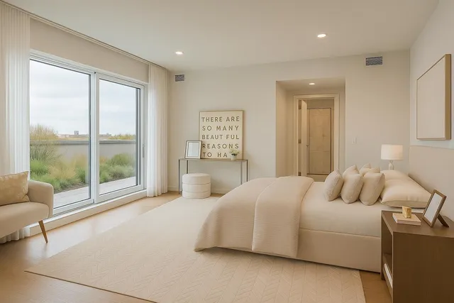 a bedroom with a large bed and a large window