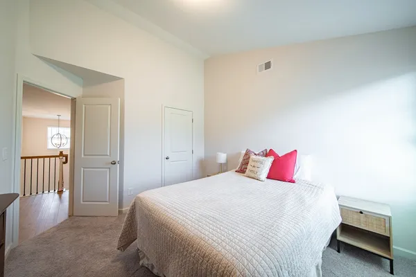 a bedroom with a bed and a closet