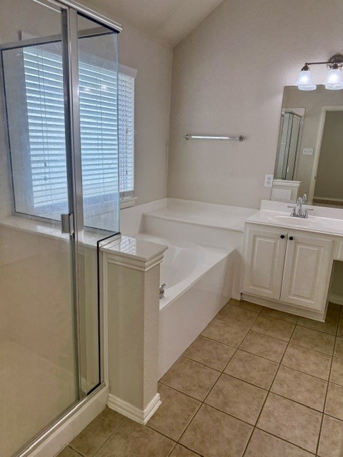 20724 Kearney Hill Road Pflugerville, TX 78660 - Photo 28 of 40 Bathroom featuring a glass-enclosed shower, a built-in soaking tub, a vanity with under-sink cabinetry, a single basin sink, and tile flooring