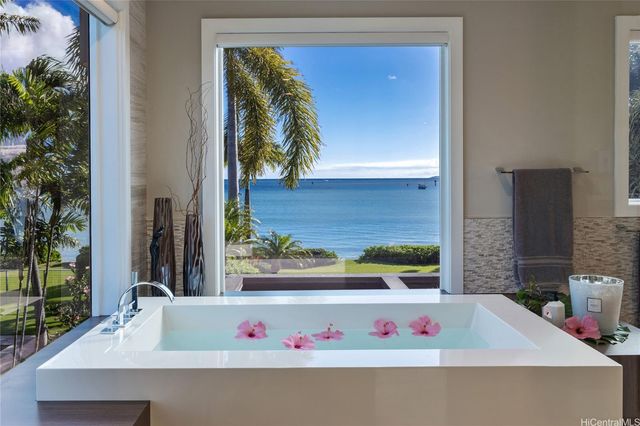 a white kitchen with a stove a potted plant and a wooden floor