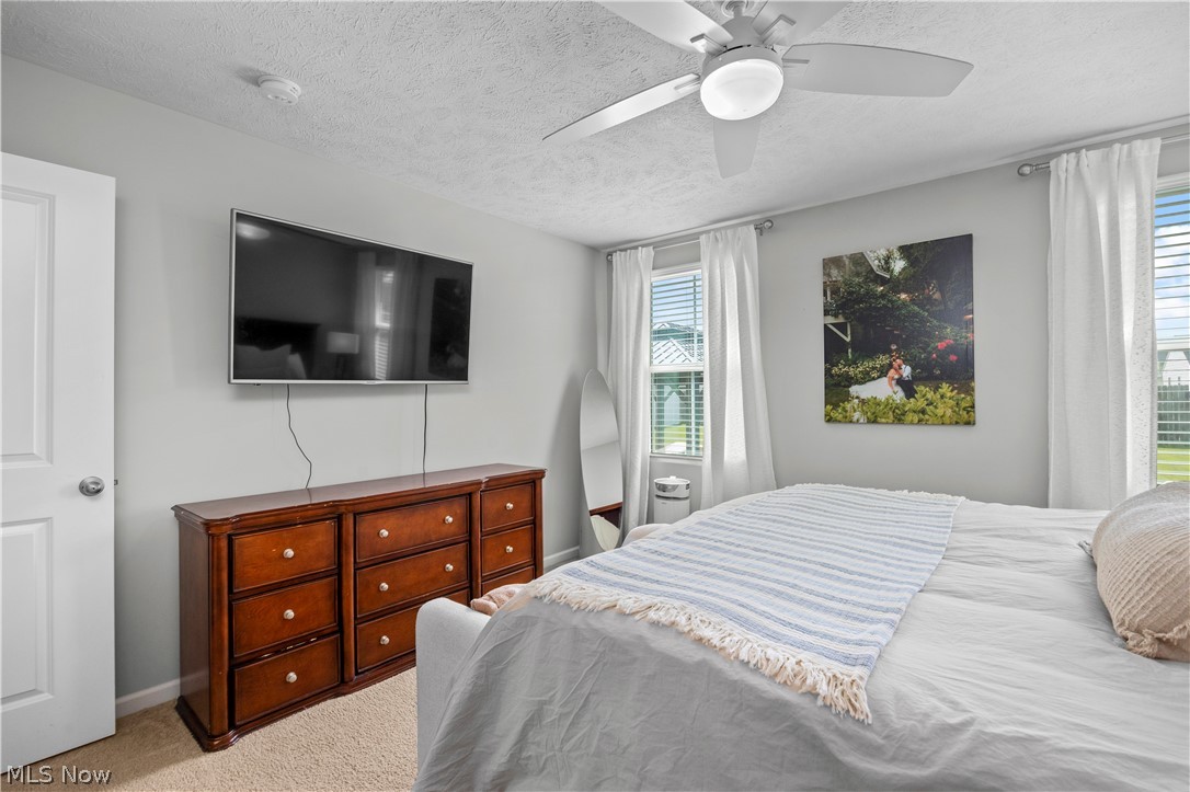 2161 Fowl Road Elyria, OH 44035 - Photo 18 of 46 Bedroom featuring a ceiling fan with integrated lighting, wall-to-wall carpeting, and multiple windows with blinds