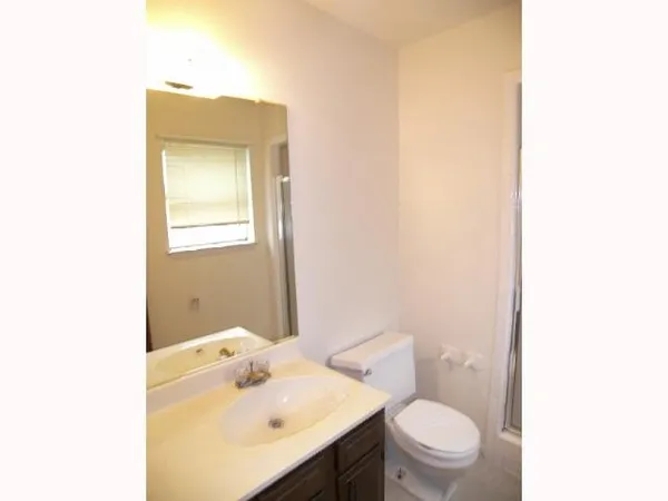 a bathroom with a sink toilet and mirror