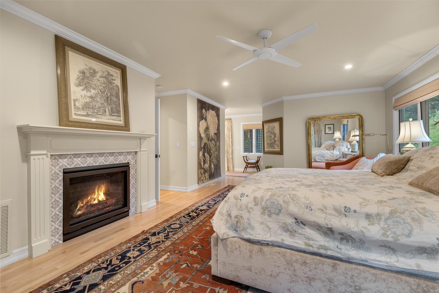 828 Foothill Lane Ojai, CA 93023 - Photo 16 of 40 a bedroom with a bed and a fireplace