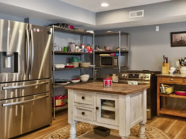 a kitchen with refrigerator and cabinets