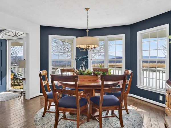 a view of a dining room with furniture window and wooden floor