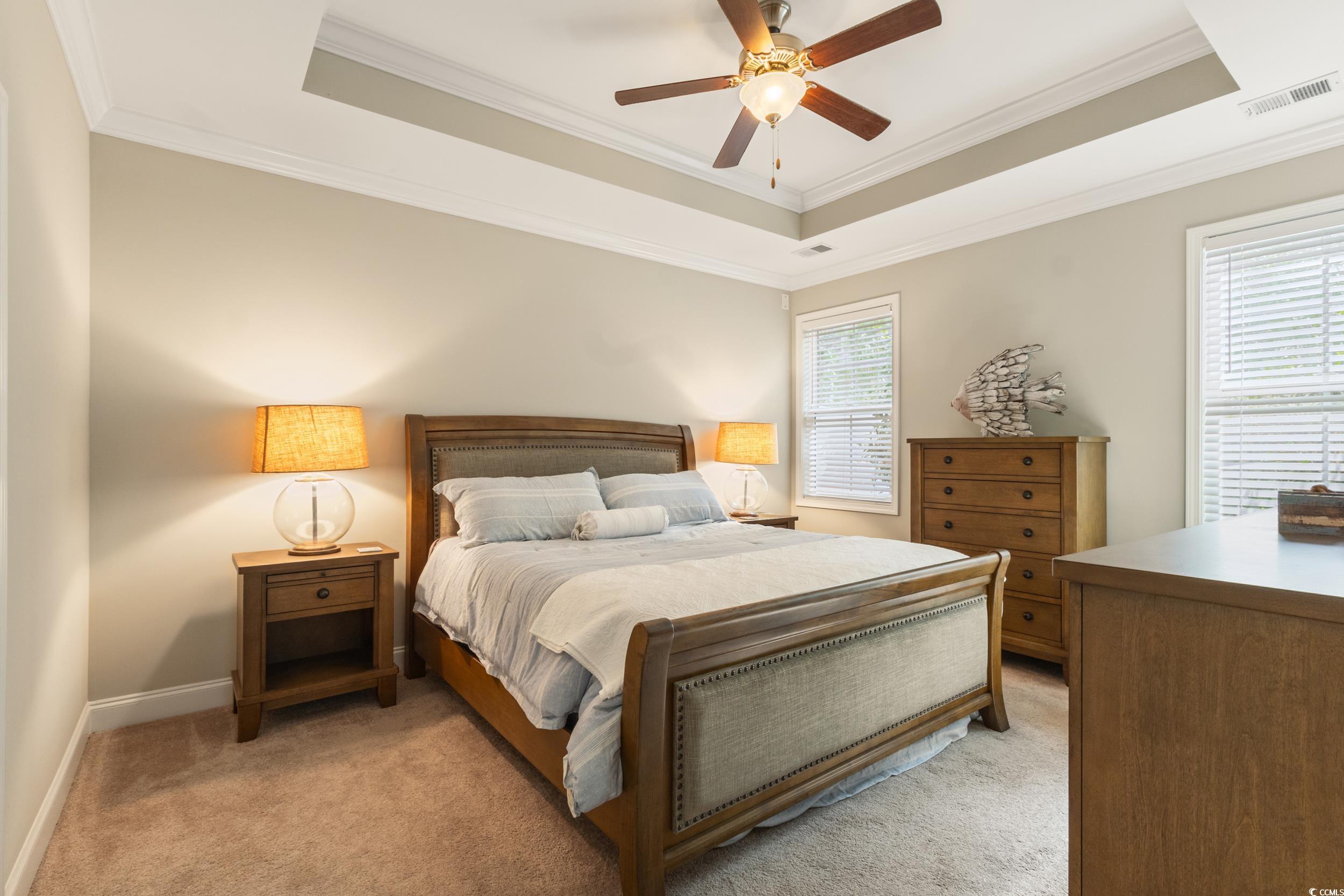 482 Botany Loop, Unit 155 Murrells Inlet, SC 29576 - Photo 23 of 40 Bedroom with a raised ceiling, ornamental molding, light colored carpet, and a ceiling fan