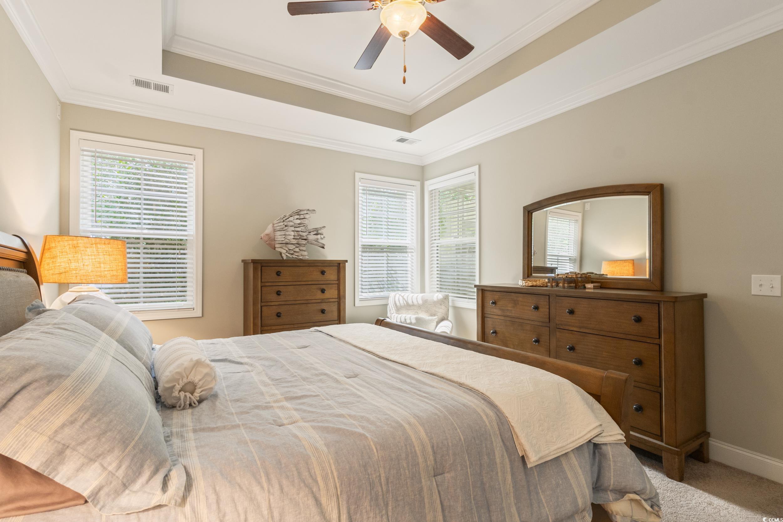 482 Botany Loop, Unit 155 Murrells Inlet, SC 29576 - Photo 24 of 40 Carpeted bedroom with a raised ceiling, multiple windows, ornamental molding, and ceiling fan