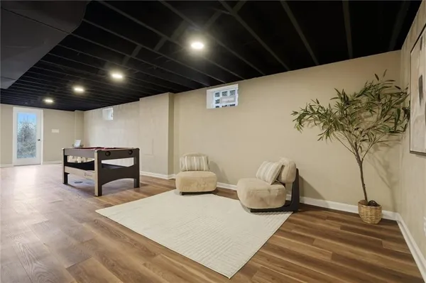 a lobby with furniture