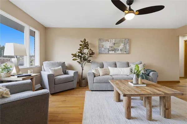 a living room with furniture and a potted plant