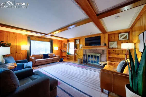 a living room with fireplace furniture and a fireplace