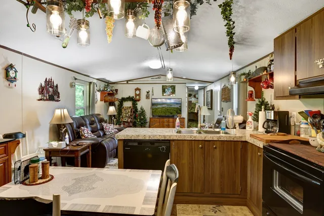 a kitchen area with stainless steel appliances granite countertop a sink cabinets and wooden floor
