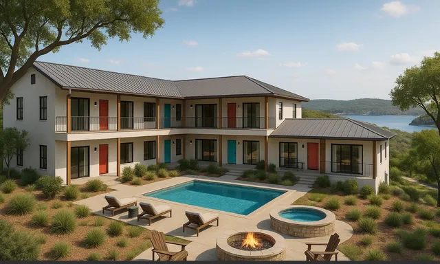 a front view of a house with yard and furniture