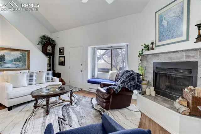 a living room with furniture and a fireplace
