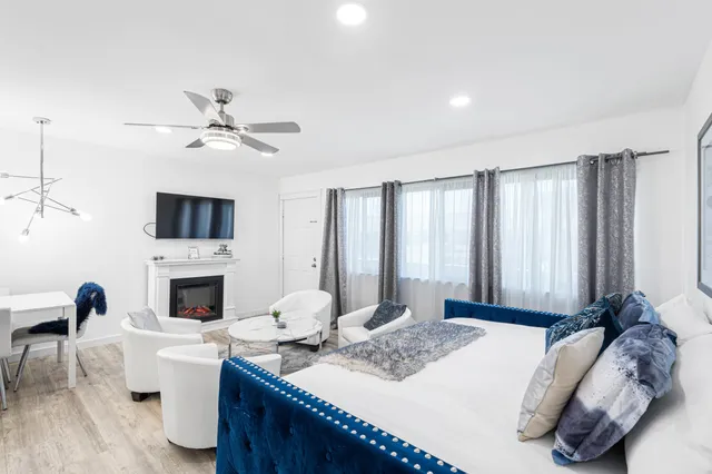 a city view with tall buildings