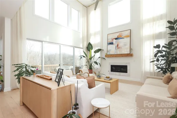a living room with furniture a fireplace and a potted plant