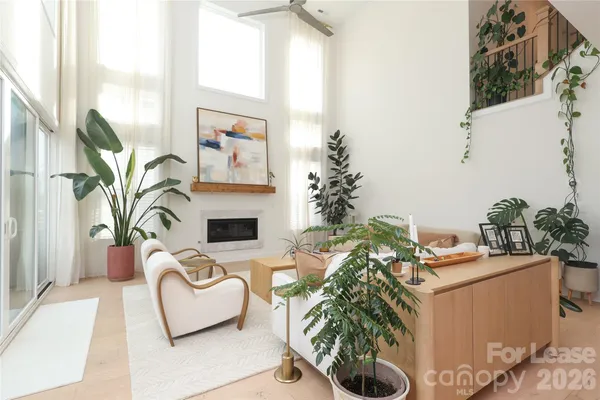 a living room with furniture a fireplace and a potted plant