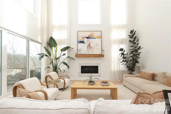 a living room with furniture and a potted plant
