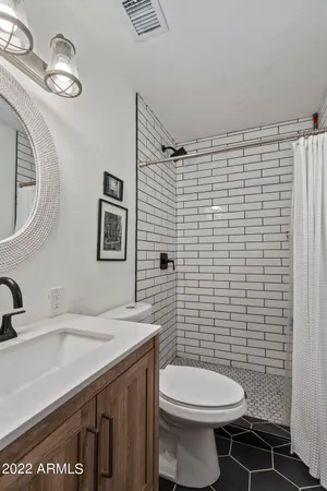 a bathroom with a sink a toilet and mirror