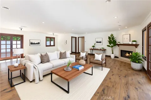 a living room with furniture potted plant and a fireplace